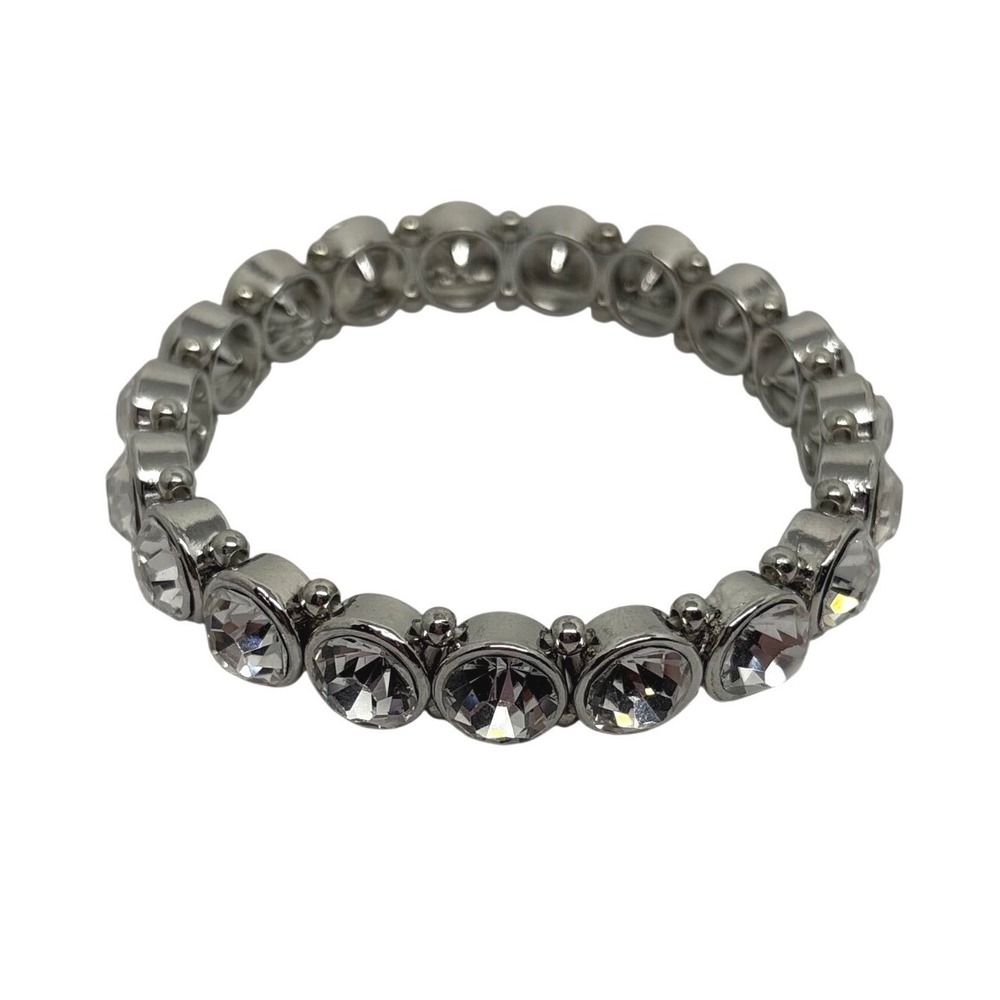 Silver Tone Clear Round Crystal Bezel Set Stretch Tennis Bracelet BFF HOCO